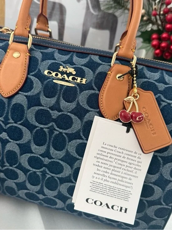 COACH Blue Signature Denim Satchel with Tan Leather Handles🦋🦋 - Picture 2 of 6
